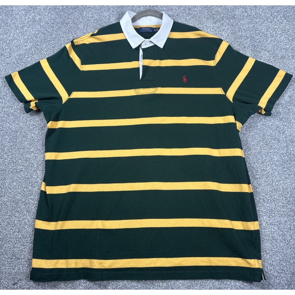 Polo Ralph Lauren Rugby Shirt Men XXL Green Gold Striped Heavyweight Rugby